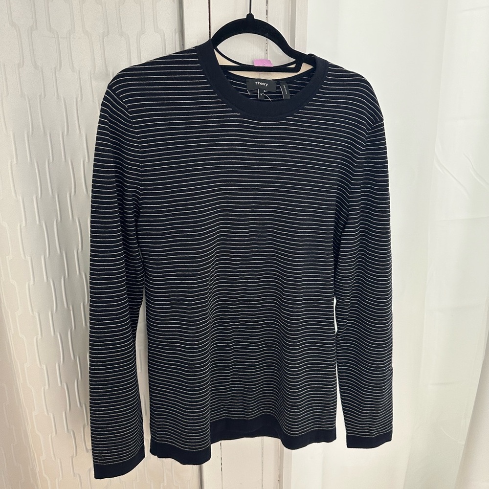 THEORY STRIPE WOOL CREW NECK SWEATER "OLLIS" navy